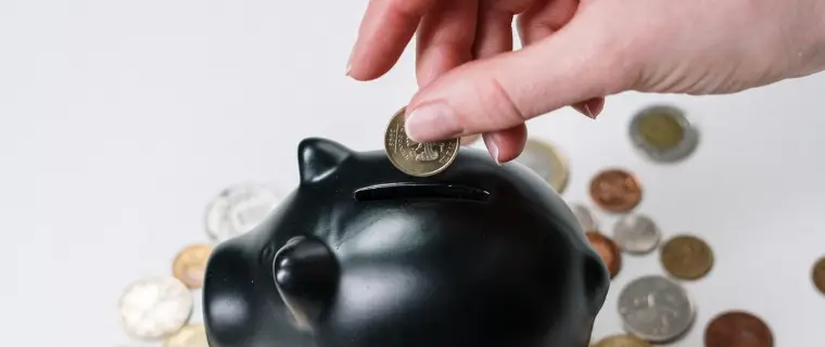 Saving money and reducing debt Dropping a coin into a piggy bank to save money